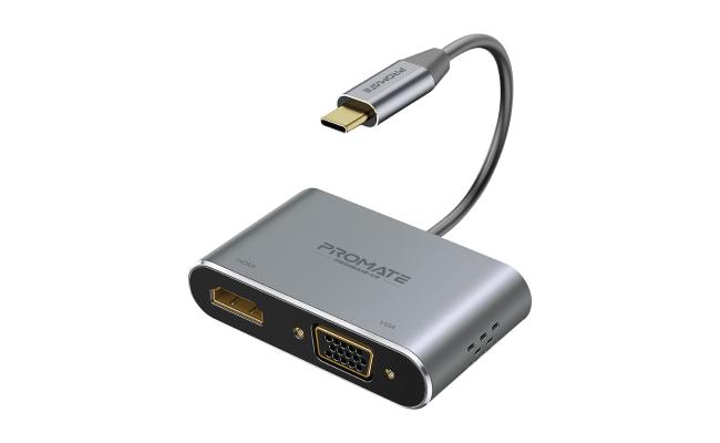 Promate MediaHub-C2  USB-C Display Adapter, Premium 2-In-1 USB-C to 1080 60Hz VGA and 4K 30Hz HDMI Adapter with Dual Screen Display Support